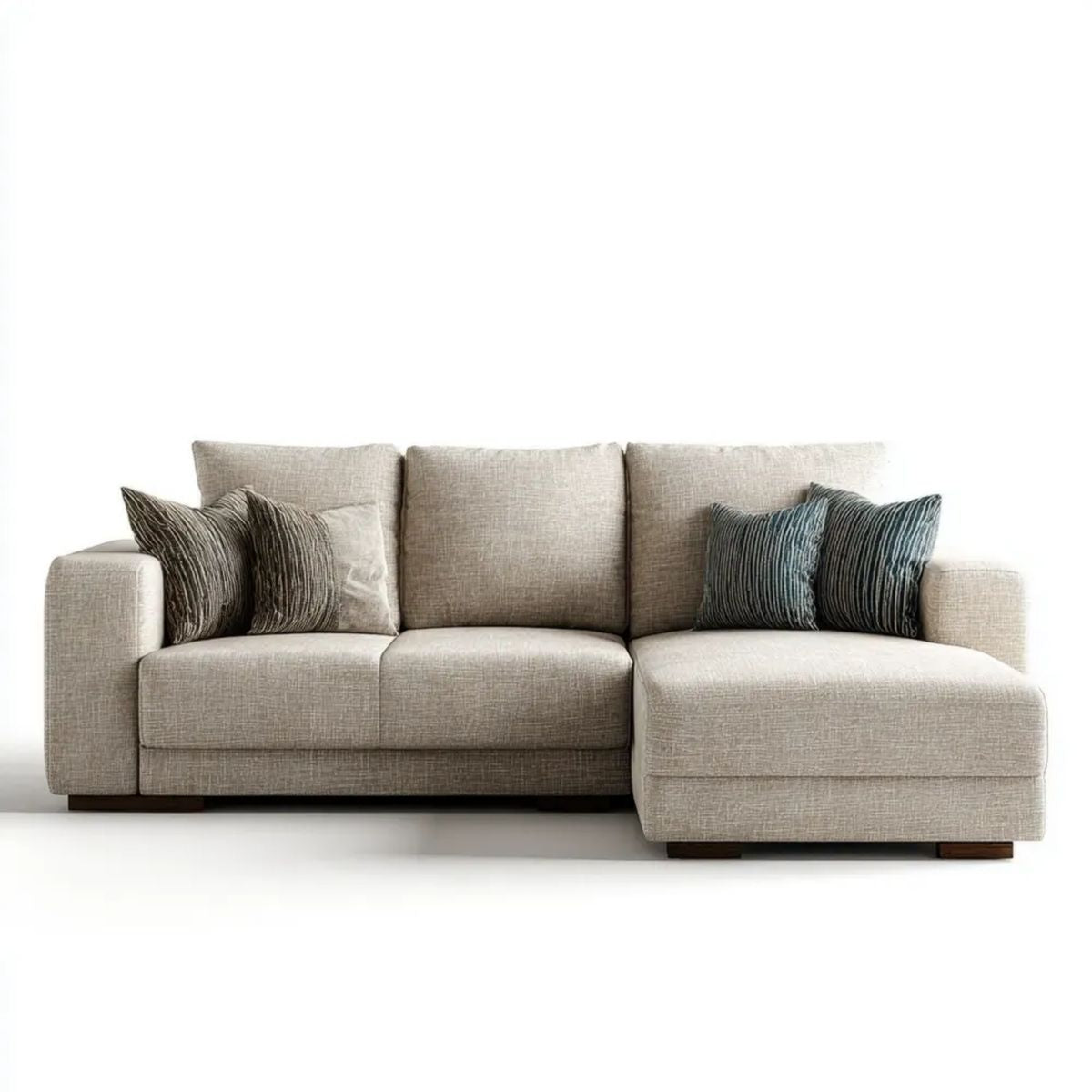 Beżowa sofa narożna z prawostronnym szezlongiem z poliestru, 260 × 160 × 85 cm, kształt L