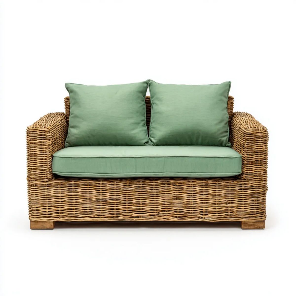 Dwuosobowa sofa ogrodowa z rattanu, zielona i naturalnie brązowa, z poduszkami poliestrowymi, 130 x 75 x 85 cm