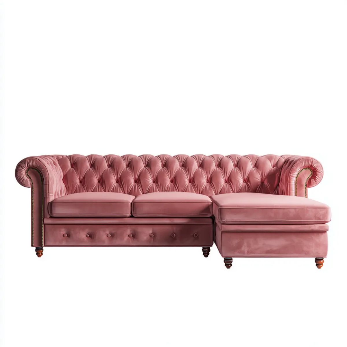 Różowa sofa narożna Chesterfield z aksamitu, prawostronna, 260 x 165 x 78 cm