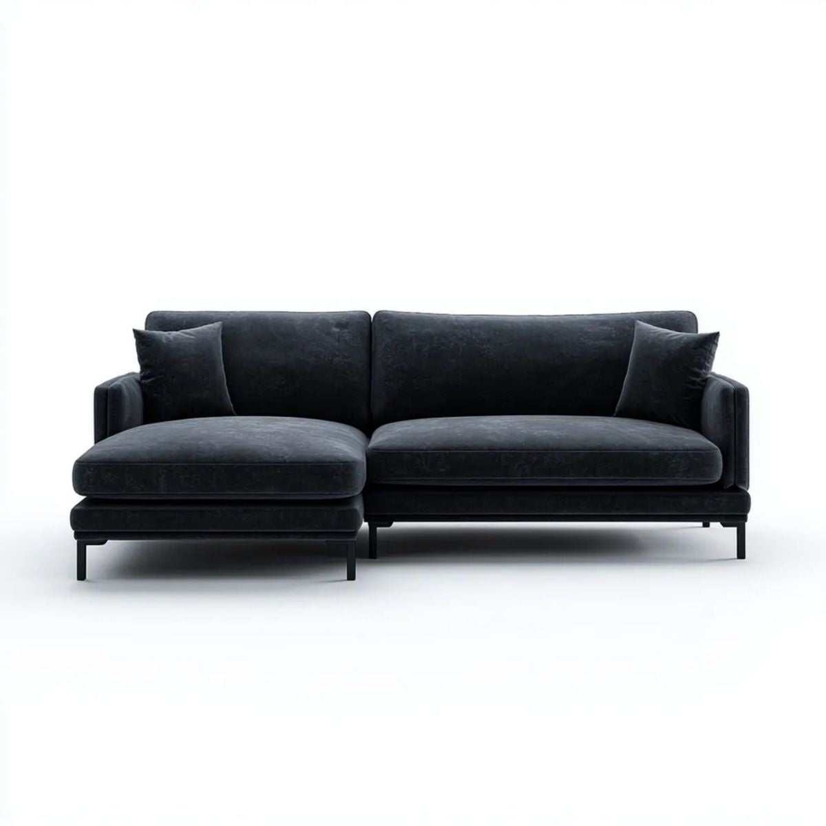 Czarna sofa narożna lewostronna z leżanką z aksamitu, 280 x 160 x 85 cm, kształt L