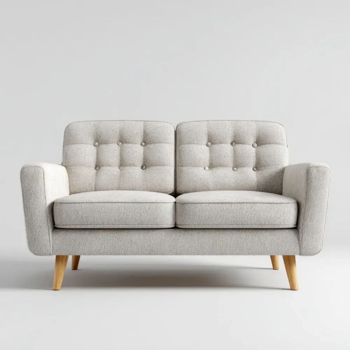 Dwuosobowa sofa jasnoszara z tapicerką tekstylną i drewnianymi nogami, 140 × 80 × 85 cm