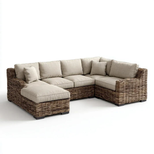 4-osobowa narożna sofa ogrodowa z plecionki PE w kształcie L, brązowo-beżowa, 290 × 220 × 85 cm
