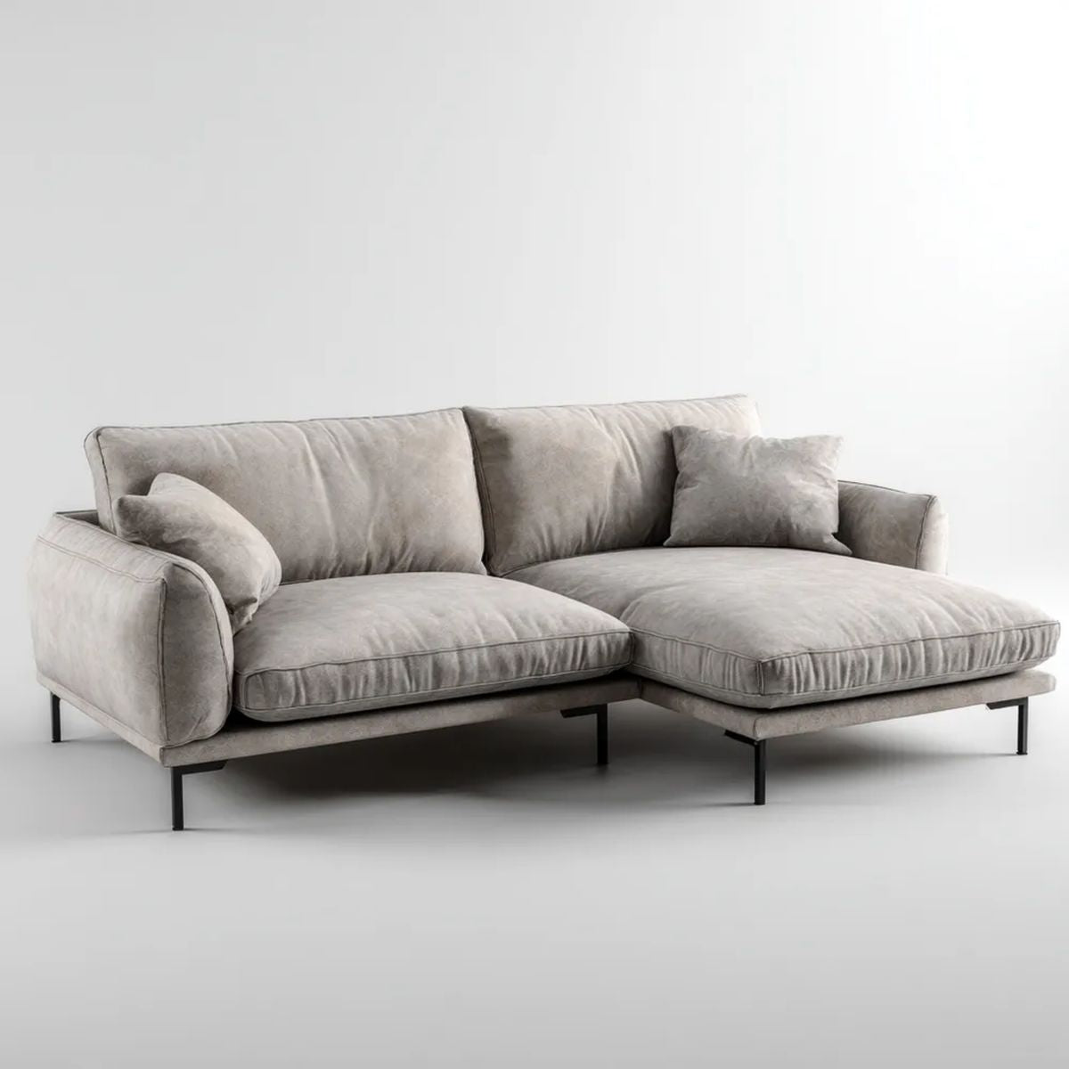 Szara sofa narożna z prawostronnym szezlongiem w kształcie L z aksamitu, 260 x 165 x 82 cm