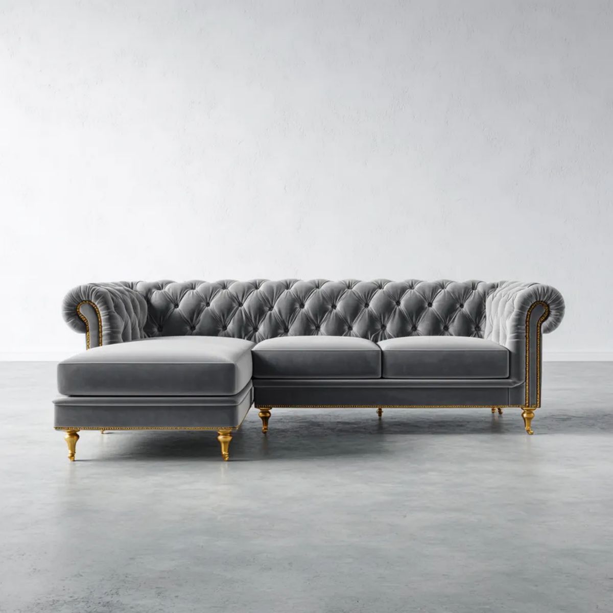 Lewostronna sofa narożna Chesterfield z szezlongiem, szara, aksamit poliestrowy, 280 x 165 x 78 cm