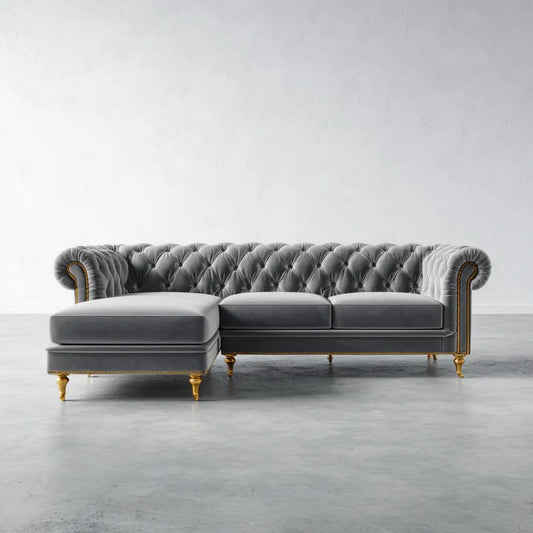 Lewostronna sofa narożna Chesterfield z szezlongiem, szara, aksamit poliestrowy, 280 x 165 x 78 cm