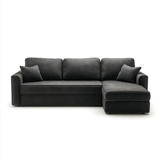 Ciemnoszara welurowa sofa narożna w kształcie L z prawostronnym szezlongiem, 260 x 160 x 85 cm