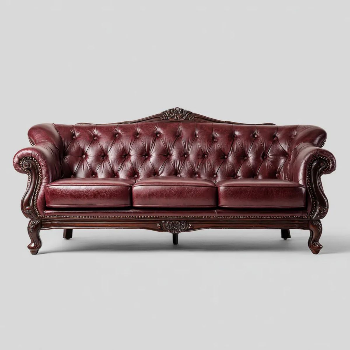 Trzyosobowa sofa Chesterfield ze skóry syntetycznej, bordowa, 220 x 95 x 105 cm