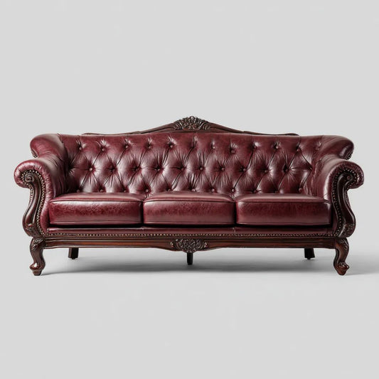 Trzyosobowa sofa Chesterfield ze skóry syntetycznej, bordowa, 220 x 95 x 105 cm