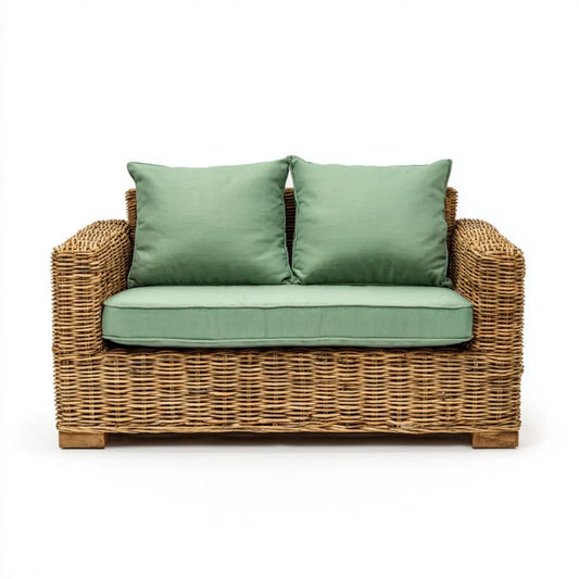 Dwuosobowa sofa ogrodowa z rattanu, zielona i naturalnie brązowa, z poduszkami poliestrowymi, 130 x 75 x 85 cm