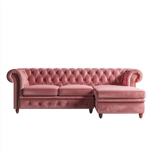 Różowa sofa narożna Chesterfield z aksamitu, prawostronna, 260 x 165 x 78 cm