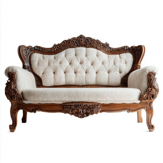 Dwuosobowa sofa drewniana klasyczna kremowa z rzeźbioną ramą 160 x 75 x 115 cm
