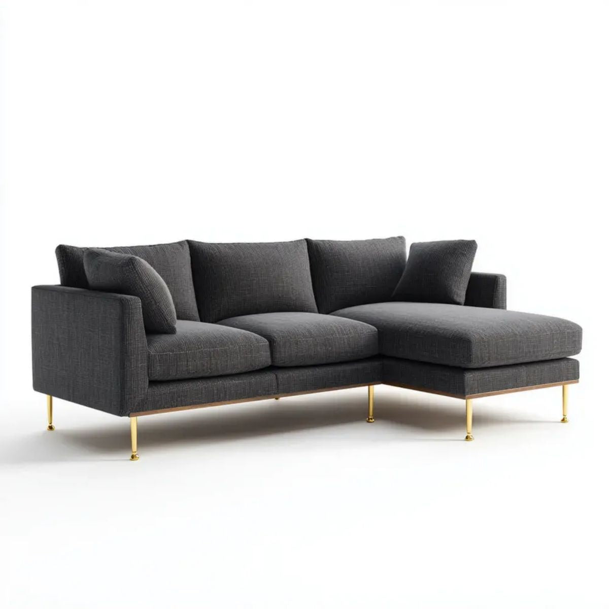 3-osobowa sofa narożna z poliestru z prawym szezlongiem, ciemnoszara/złota, 250 × 160 × 85 cm