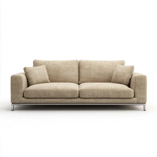 Beżowa sofa trzyosobowa z tapicerką poliestrową, 2 poduszkami i stalową podstawą, 220 x 90 x 85 cm