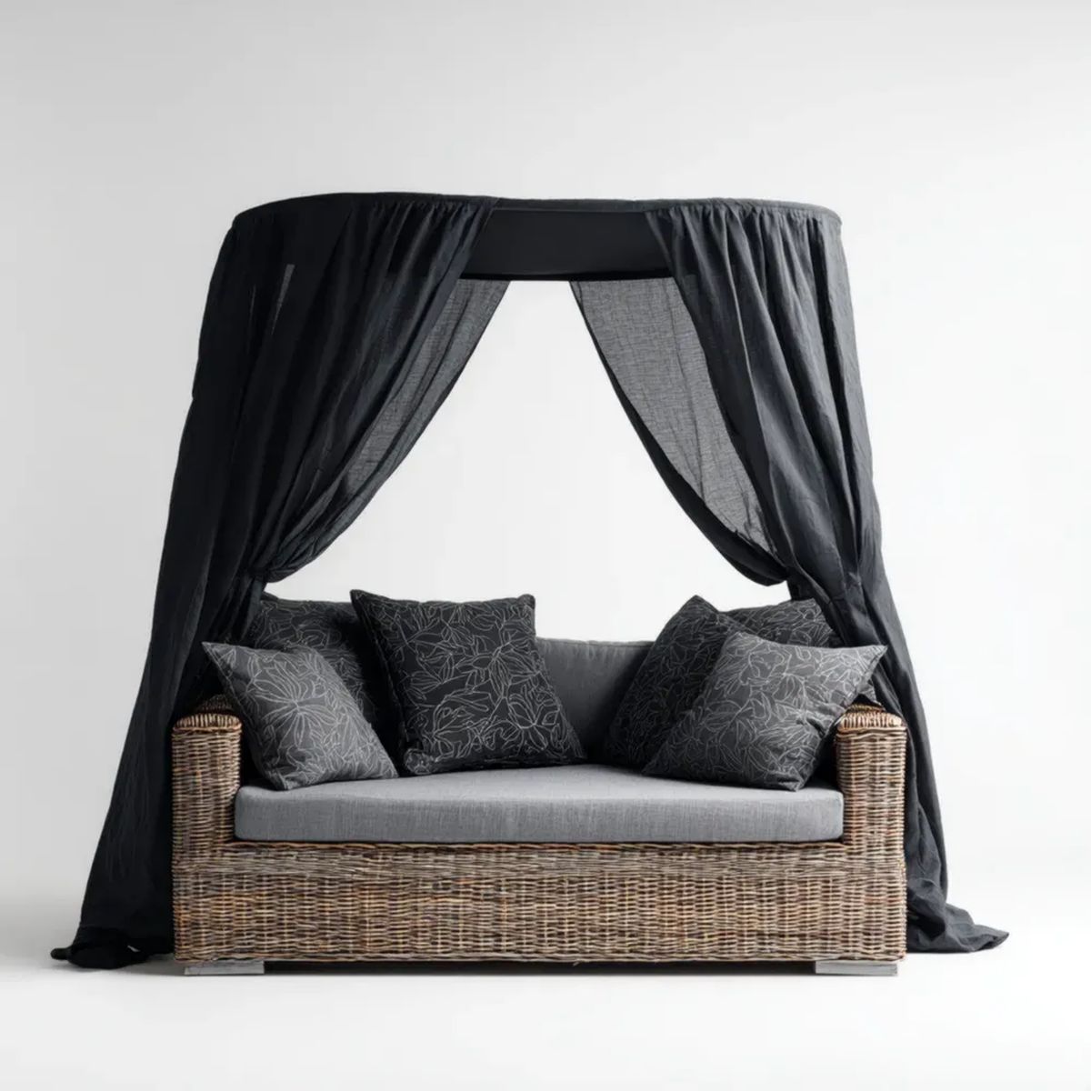 Dwuosobowa sofa ogrodowa z baldachimem z technorattanu, brązowo-szaro-czarna, 160 × 80 × 200 cm