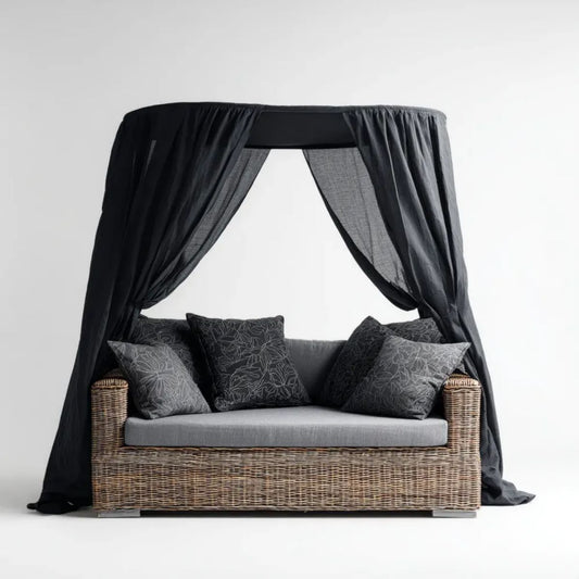 Dwuosobowa sofa ogrodowa z baldachimem z technorattanu, brązowo-szaro-czarna, 160 × 80 × 200 cm