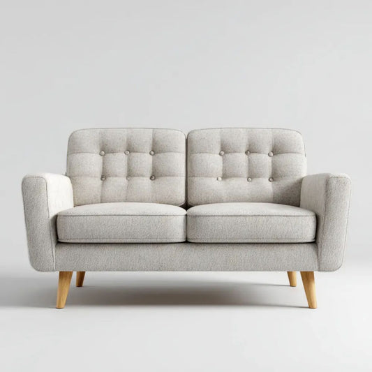 Dwuosobowa sofa jasnoszara z tapicerką tekstylną i drewnianymi nogami, 140 × 80 × 85 cm